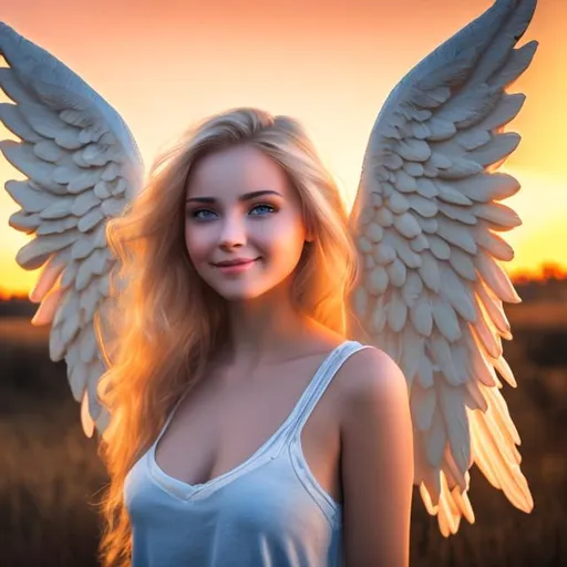 Prompt: beautiful blonde female angel wearing almost smiling with wings at sunset 


