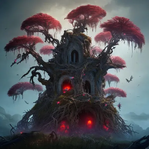 Prompt: A portrait of corrupted raven nest in an old weeping tree, glowing red eggs, on a cliff backing the sea,  corrupted fly insects surrounded by field of dead flowers, concept art, epic lighting, beautiful intricate detail, finely-tuned, octane rendering, horror, cosmic, gothic, style of vibrant digital horror art