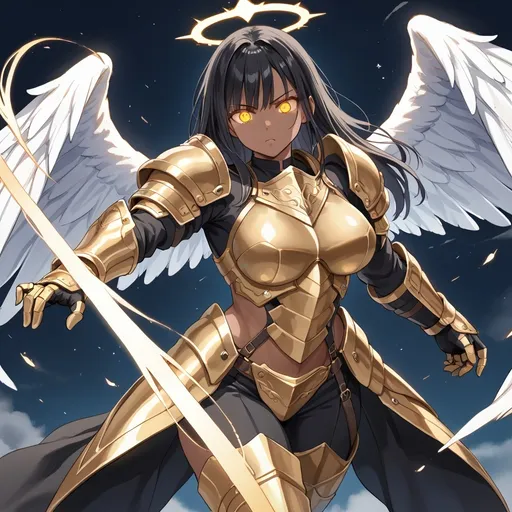 Prompt: Woman, curvy, muscular, golden heavy armor, intricate engravings, dark skin, glowing eyes, black hair, glowing Angel wings, glowing halo, dynamic pose, highly detailed, wrathful gaze