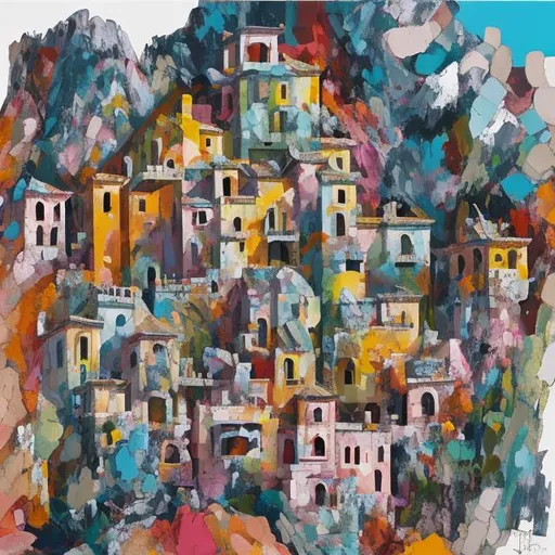 Prompt: A Painting of a multi level Villa, atop a craggy mountainside in Transylvania in the abstract, detailed whimsy style of Christopher Wood