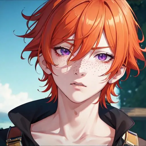 Prompt: Erikku male adult (short ginger hair, freckles, right eye blue left eye purple) UHD, 8K, Highly detailed, insane detail, best quality, high quality, anime style, tired