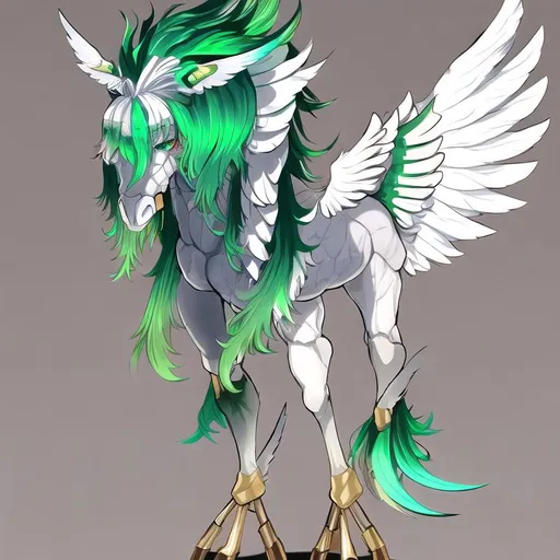 Prompt: Your OC is a small twisted pegasus-human bipedal animatronic hybrid, with focused emerald eyes. They identify as male, and have a high-pitched voice. standing on two legs, 
