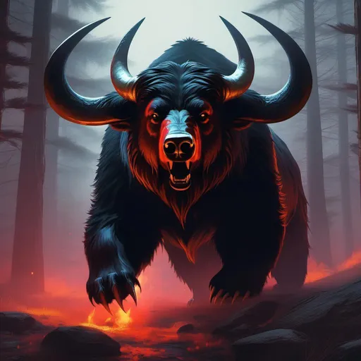 Prompt: A digital art of a bear demonic fantasy monster with  ox long horns by Greg Rutkowski, dark fantasy world
