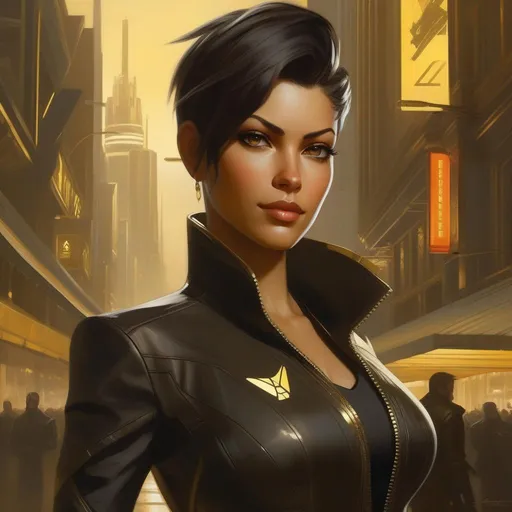 Prompt: Deus Ex Human Revolution, female protagonist, Detroit, cartoony, golden atmosphere, extremely detailed painting by Greg Rutkowski and by Henry Justice Ford and by Steve Henderson