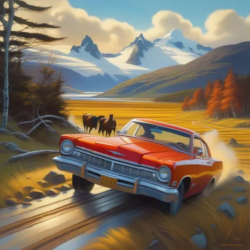 Prompt: Tierra del Fuego, car chase, rural, cartoony, cold atmosphere, extremely detailed painting by Greg Rutkowski and by Henry Justice Ford and by Steve Henderson