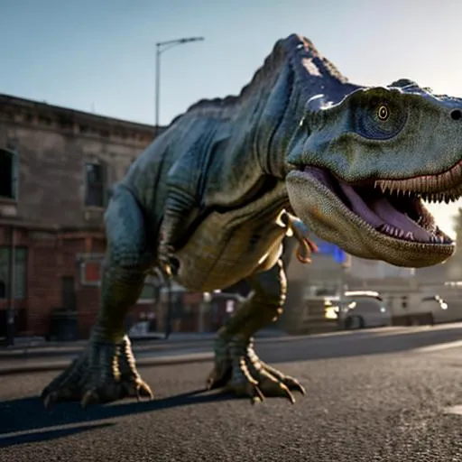 Prompt: AN ENORMOUS T REX DINOSAUR IN TODAYS CITY ROAMING ON STREET