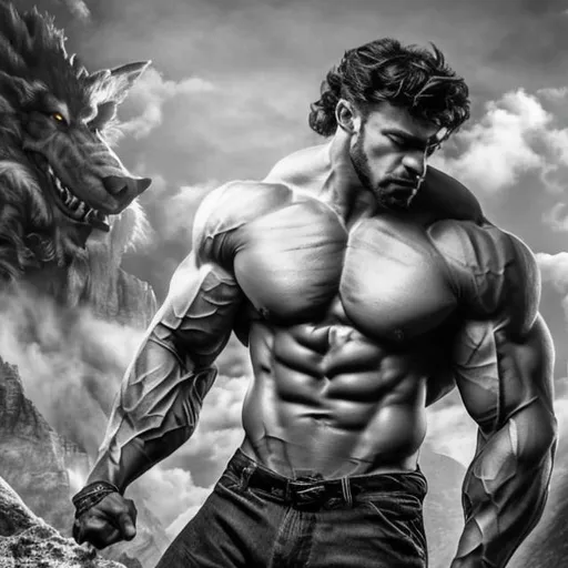 Prompt: handsome, muscular ,7000000 foot tal, titanic, upine, furry , gray werewolf, anthropomorphic werewolf bodybuilder, wild, v-taper, symmetrical 