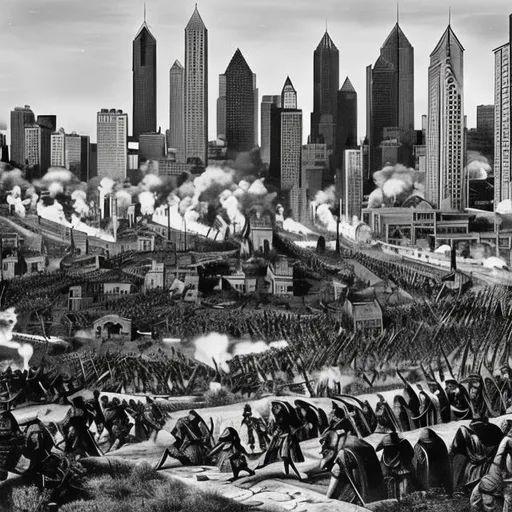 Prompt: The City of Atlanta USA. Modern, Siege, landscape, battle, artillery shelling, demons, military, occultist, militia