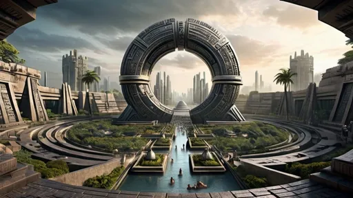 Prompt: magical portal between cities realms worlds kingdoms, circular portal, ring standing on edge, upright ring, freestanding ring, hieroglyphs on ring, complete ring, ancient mayan architecture, zigurat, pylons, gardens, hotels, office buildings, shopping malls, large wide-open city plaza, panoramic view, futuristic cyberpunk tech-noir setting, open sky