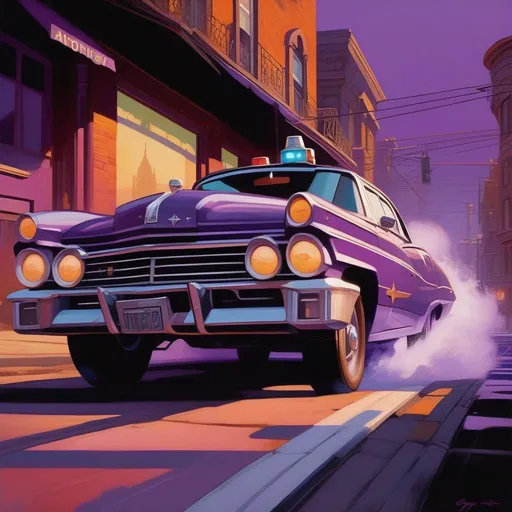 Prompt: Saints Row, car chase, cops, cartoony, purple atmosphere, extremely detailed painting by Greg Rutkowski and by Henry Justice Ford and by Steve Henderson
