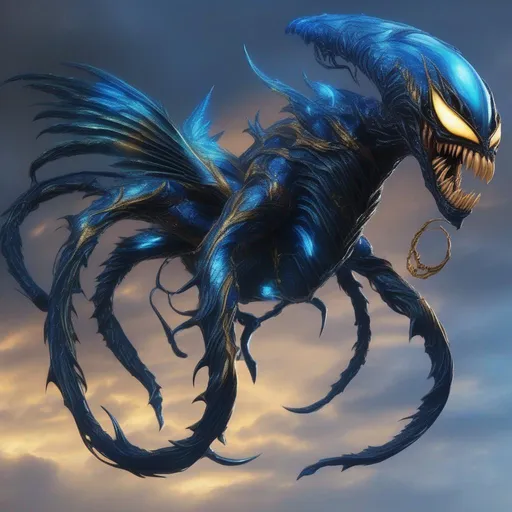 Prompt: iridescent sky-blue symbiote with threads of gold, blue scales and wings, giant nightmare cannons of doom, nightmare fuel, Masterpiece, Best Quality
