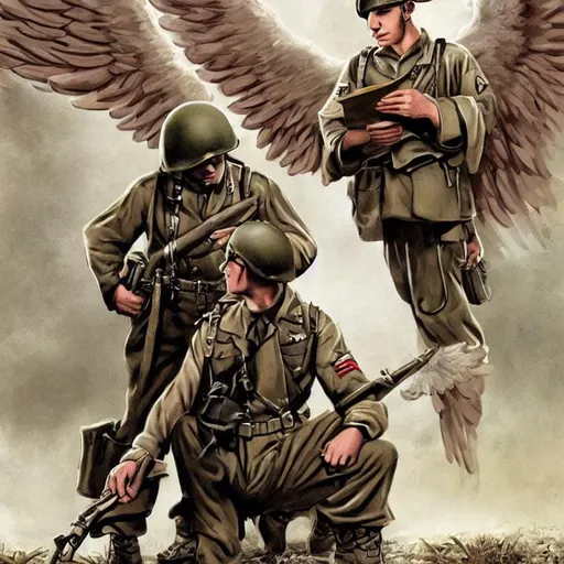 Prompt: Sabaton Art style WW2 American soldier medic with angel wings reading a letter