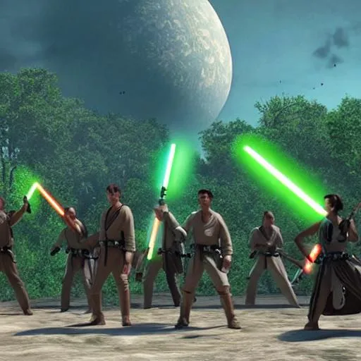 Prompt: A group of Jedi holding lightsabers, Planet Yavin IV in the background, photo realistic
