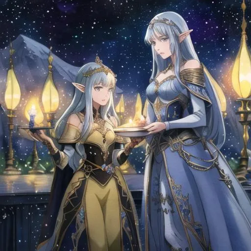 Prompt: Gorgeously queen elves in starry night on the ship, concept art, mid shot, intricately detailed, color depth, cinematic, aquarelle watercolor painting, intricate detailed