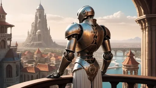 Prompt: a warforged automaton stands with back to camera on a large round balcony with a solid railing looking out over a fantasy city paradise during the age of arcanum 