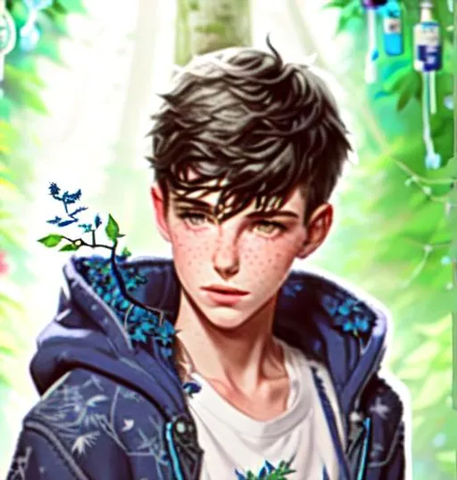 Prompt: Messy hair 15 year old Boy symmetrical enhanced face (Young beautiful handsome 13 year old (white tanktop)+ underneath knitted torn darkblue grayblue baggy hoodie) shoes close to foreground entering a mysterious overgrown garden surrounded by trees, thicket, roses, trees with ivy, sigil carvings in trees, bottles in strings hanging from trees, art, concept art, cinematic lighting, hyperdetailed, great composition, professional, artstation award