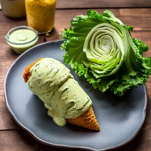 Prompt: There is no ice cream in an ice cream cone, but a head of cabbage with a carrot and topped with a dill sauce dressing, ultrarealistic, sunsine, 8K