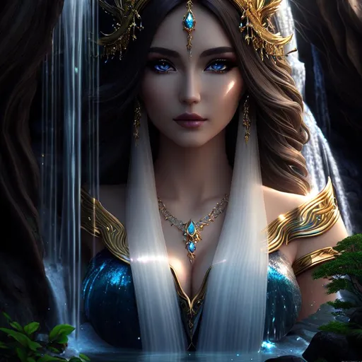 Prompt: close-up, Beautiful 3D HD dramatic cinematic lighting [({one}{Beautiful!!! Goddess}Sorceress) wearing  {(liquid)Ivory}silk]::2, detailed gorgeous face, expansive magical waterfall forest tree sparkles background, hyper realistic, 8K --s98500