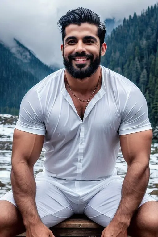 Prompt: a scene of ("eyes closed"  lost in god),"kerala hyperreal handsome rugged muscle boy" in "hyperreal stormy snow mountain", smile, white kameez, detailed, hyperreal, sitting, arena, perfect composition, hyperrealistic, super detailed, 8k, high quality, trending art, trending on artstation, sharp focus, studio photo, intricate details, highly detailed, by greg rutkowski
