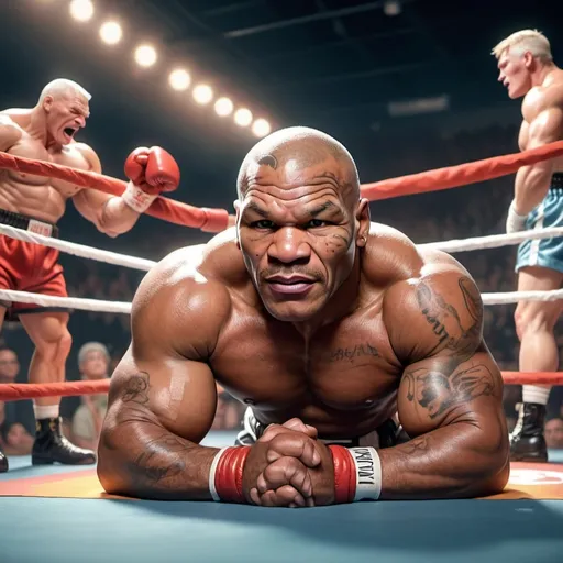 Prompt: A little person, old man Mike Tyson vs Jake Paul lying passed out on the mat, aggressive,  in a boxing ring, an excited audience in the background, stage performance, glistening muscles, detailed facial features, vibrant colors, photo realistic, Looney Toons style, audience, theatrical lighting, high quality, detailed muscles, stage setting, professional, animated shading, cartoon realism, detailed expression, muscle definition