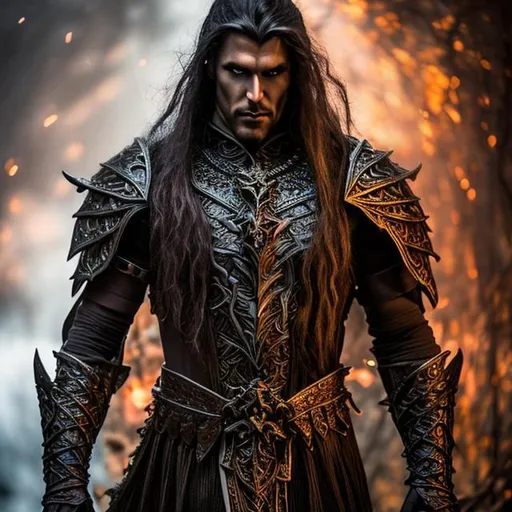 Prompt: shadow elf,smith,male,gruff, dungeons and dragons character, dark ritual, metal armour, gothic armour style, real armour, brown or blonde with grey hair, visible face, sword and shield, fire, detailed face, elf ears, person, photorealistic, clear face, long hair, elden ring, magic, handsome