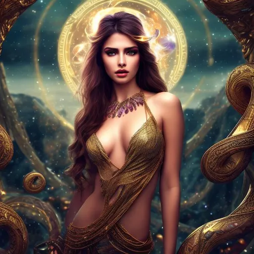 Prompt: HD 4k 3D 8k professional modeling photo hyper realistic beautiful woman ethereal greek goddess of fate and destiny
gold hair brown eyes gorgeous face brown skin purple shimmering dress jewelry half snake body serpent tattoo surrounded by magical glowing starlight hd landscape background of enchanting mystical cosmos