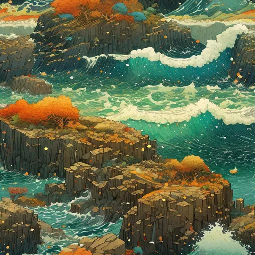 Prompt: ""Rocky Shoreline Landscape Storm" artwork by Victo Ngai, Lee Madgwick, Robert McCall, René Magritte ; hyperdetailed and highly intricated artwork : UHD8K :: highly detailed :: hyperrealistic :: Splash art :: volumetric lighting :: Portrait in colorful complementary colors :: striking :: beautifully lit :: atmospheric :: 8k :: smooth sharp focus :: trending on Artstation"