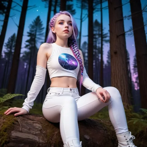 Prompt: A girl with purple eyes, long blue purple and pink hair with braids, and pale skin wearing a puffy white crop top, white leggings, and white boots. The girl has a space themed satchel on her shoulder. She is in a forest looking up at the beautiful lit up night sky. 