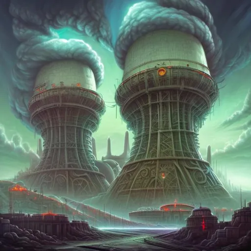 Prompt:  fantasy art style, painting, pipes, monument, nuclear reactor, cube, power plants, nuclear fusion, nuclear power, nuclear weapons, bombs, torpedoes, misiles, concrete, neon lights, green neon lights, pollution, smog, fog