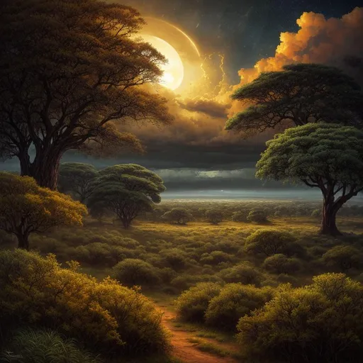 Prompt: savanna, vast and sprawling landscape, Bright Amber glow from Obscured moon hidden with swirling clouds,  Acacia Trees dot the landscape, massive storm clouds, Ivan Shishkin, Victo Ngai, Gregorio Catarino, Cyril Rolando, Michal Karcz, Anato Finnstark, Flavio Greco Paglia, hyperdetailed defined oil painting, vibrant colors, 8K resolution, polished divine photorealistic intricate complex HDR, amber glow, dreamy, extremely detailed, cinematic lighting, poster, award winning!