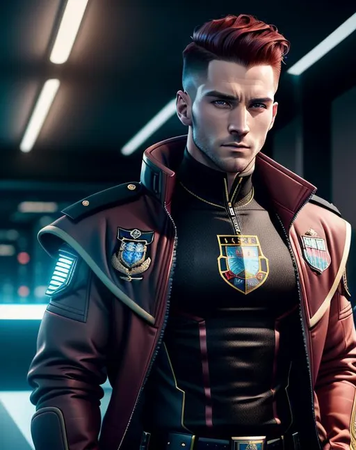 Prompt: perfect composition, {30 year old}, lean {scottish man}, wearing futuristic {tech shirt and future tech noble's coat}, {coat of arms on clothes}, {buzz cut dark red hair}, extra masculine, peak fitness, determined expression, looking at viewer, 8k eyes, detailed face, wlop, stanley artgerm lau, artstation, hd, octane render, hyperrealism intricate details, 8k, cinematic volumetric light, proportional, art trending on artstation, sharp focus, studio photo, intricate details, highly detailed, intricate artwork masterpiece, ominous, intricate, epic, trending on artstation, highly detailed, vibrant, production cinematic character render, ultra high quality model, 