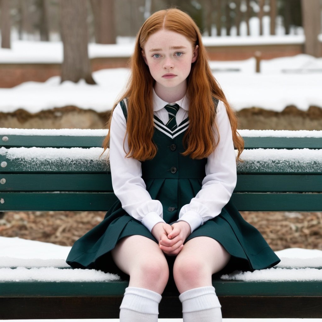 Sadie Sink as a schoolgirl sitting cross-legged on a... | OpenArt