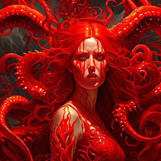 Prompt: "Intricately hyperdetailed terrifying burning woman (("monstrous  glowing red eyes; sleeveless red dripping fighting outfit; Slavic redhead straightened hair"))!!! (sinister "dripping red tentacles rising from red turbulent seas" background)!! WLOP; Atomhawk; Steve Beran; Iain Macarthur; Aivazovsky; HDR half-portrait photograph; Cinema 4D; dynamic lighting; volumetric lighting; amazing depth; "contrasting shades of red;" meticulously detailed masterpiece"