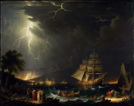 Prompt: Under a darkened sky, strong like Zeus but old Noah is chopping trees with an ax to build an ark, his sons and wives helping him, Thomas Cole style, we see Noah in the foreground, in the background the ship's skeleton and other people,Thomas Cole style, cinematic,12k, intricate, soft lightning, ultra-detailed, tone mapping, dynamic pose, ambient uplight, elegant, 2d, rough, --q2 --c 23 --ar 3:2
