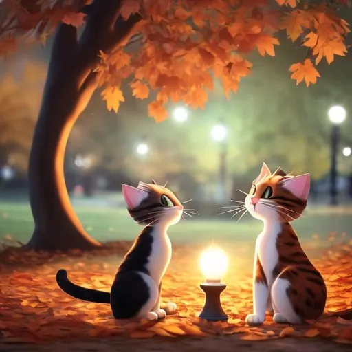 Prompt: a romantic scene between a male cat and a female cat together in a park during fall at nighttime 