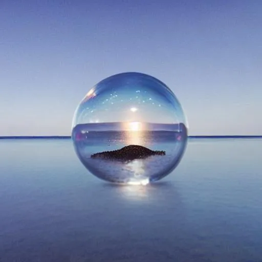 Prompt: an isolated beach incapsulated in a bubble floating through space