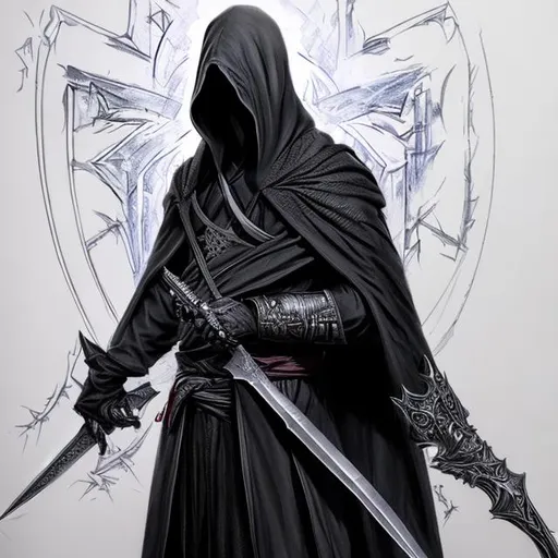 Prompt: An assassin wearing a black robe covering its face,have shadowy athmosphere,holding a dagger on both hands, hyperdetaile 3d 1 art sketching