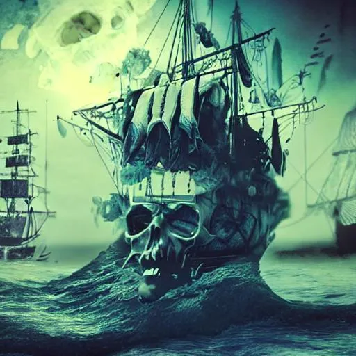 Prompt: 3/4 view creepy pirate skull with a ship in the background, realistic, dreamcore
