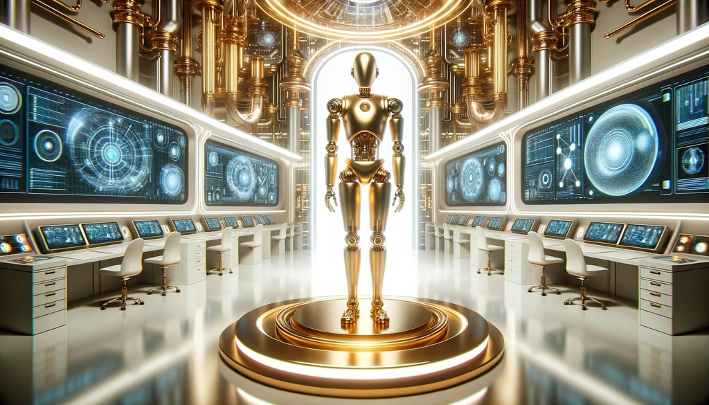 Prompt: Wide illustration of a golden robot standing in a futuristic lab, representing the pinnacle of AI technology.