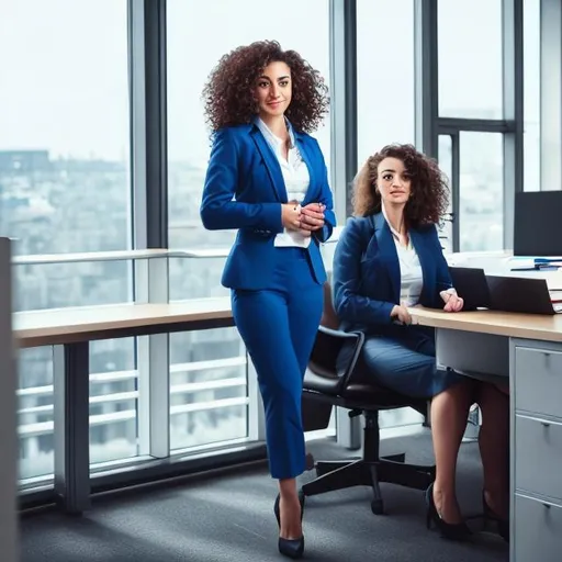 Prompt: A female lawyer dressed in a blue business suit sitting on a desk chair in a well furnished office, full woman, pretty, sleek, curly hairstyles, front facing, waist up.