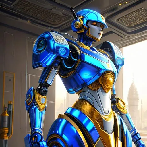 Prompt: create most beautiful photograph of most beautiful fictional, robot, Persian style, blue, white, golden, futurism, extremely, detailed environment, detailed background, intricate, detailed skin, natural colors , professionally color graded, photorealism, 8k, moody lighting.