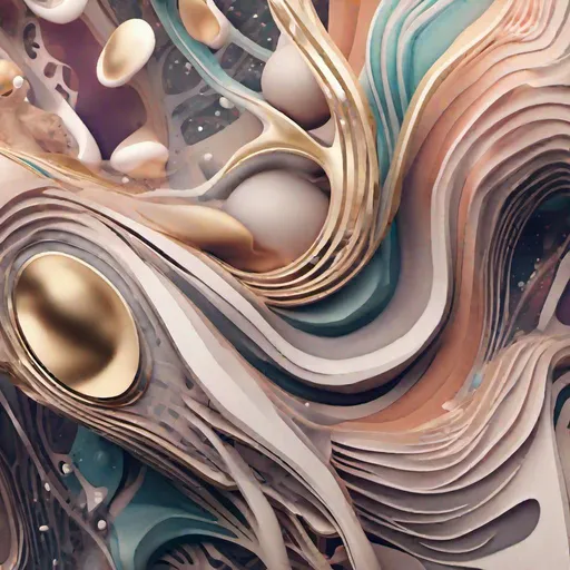Prompt: Design an abstract depiction of a future society where digital and biological forms intermingle. Use fluid shapes and patterns, blending organic hues with metallic tones to reflect the fusion of natural and synthetic life.