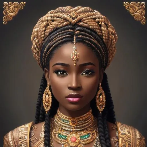 Prompt: Intricately detailed front facing elaborate beautiful black skinned African Nigerian goddess with intricately braided hair, fantasy art 4K, digital painting, digital illustration, extreme detail, digital art, ultra hd, vintage photography, beautiful, tumblr aesthetic, retro vintage style, hd photography, hyperrealism, extreme long shot, telephoto lens, motion blur, wide angle lens, deep depth of field, warm, anime Character Portrait, Symmetrical, Soft Lighting, Reflective Eyes, Pixar Render, Unreal Engine Cinematic Smooth, Intricate Detail, anime Character Design, Unreal Engine, Beautiful, Tumblr Aesthetic