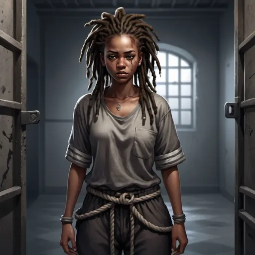 Prompt: Full body, Fantasy illustration of a female prisoner, 20 years old, black skin, dark complexion, dreadlocks, rugged cloth, desperate expression, high quality, rpg-fantasy, prison cell