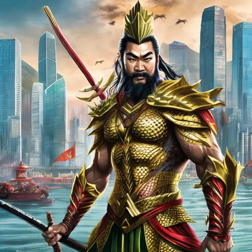 Prompt: one hybrid superhero character, Mix Guan Yu and aquaman, in realistic background of  Hong Kong Harbour , firm facial expression, holding traditional chinese weapon , chinese ornaments, detailed armor and cape, 4K, detailed facial expression, superhero, vibrant colors, intense gaze, advertisement-worthy, realistic, detailed illustration, professional, vibrant lighting
