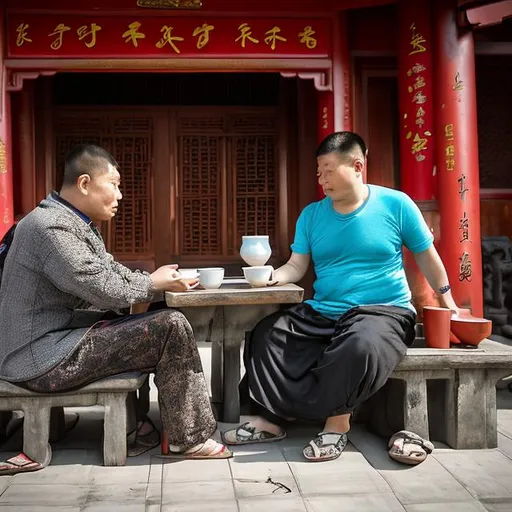 Prompt: Chinese male, around 40 years old, body mass is 2/3s cibernetic implants. Chinese female, around 33 years old, body mass is 2/3s ethereal mutations. Drinking tea next to a wooden table, sitting in simple garden chairs. Location is a Taoist temple, around AD 2100. Background is full of hills, around 8 pm in July. 