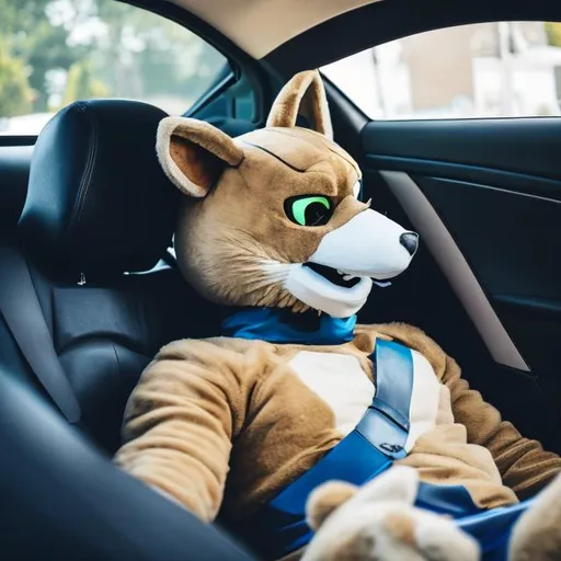 Prompt: A person in fursuit laying in a car