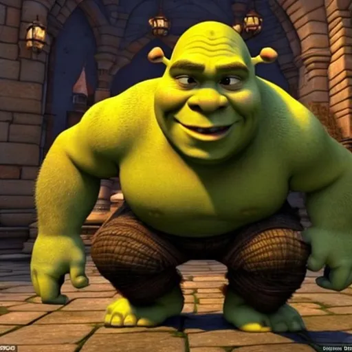 Prompt: shrek on his knees begging with a six pack