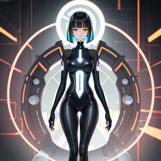 Prompt: a lonely AI girl, very tall, thick thighs, wide hips, long legs, slender waist, big symmetrical eyes, aloof expression, bob haircut with bangs, in a colorful 90's Liminal Photograph style, 12K resolution, hyper quality, hyper-detailed, depth of field