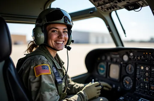 Prompt: Inside the cockpit of a helicopter, a female military pilot, donned in a camouflage uniform and protective flight helmet, exudes confidence and enthusiasm at the controls. The cockpit is filled with an array of buttons and screens, capturing the intricate nature of aviation technology. Bright sunlight streams through the windows, illuminating the spacious tarmac outside, where a hangar is visible in the background. The pilot’s gloved hand reaches toward a control, highlighting her focused demeanor in this pivotal moment. The overall atmosphere conveys a sense of readiness and excitement, emblematic of the dedication involved in military aviation.
